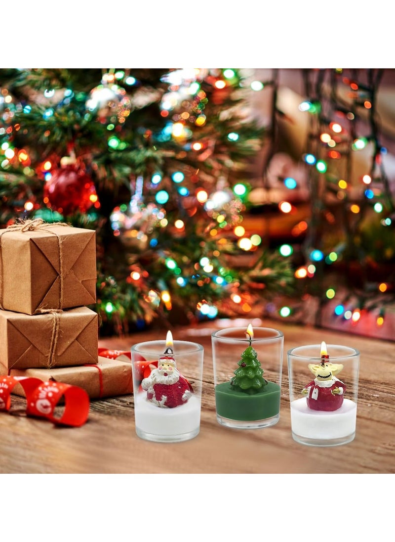 12-Pack Christmas Glass Votive Candles - Festive Decor Set with Santa, Snowman, Pinecone, Cedar, Elk and House Designs - Good for Xmas Holiday Decorations, Parties and Gifts