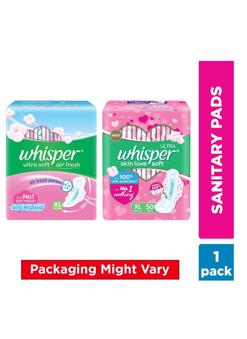 Whisper ultra skin love soft SANITARY PADS, 50 XL PADS, COTTONY SOFT, OUR #1 SOFTNESS, IRRITATION FREE, FOR INTIMATE SKIN, DISPOSABLE WRAPPER