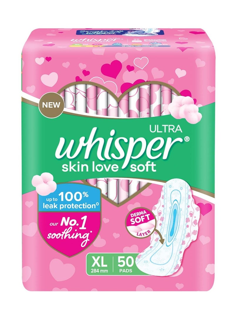 Whisper ultra skin love soft SANITARY PADS, 50 XL PADS, COTTONY SOFT, OUR #1 SOFTNESS, IRRITATION FREE, FOR INTIMATE SKIN, DISPOSABLE WRAPPER