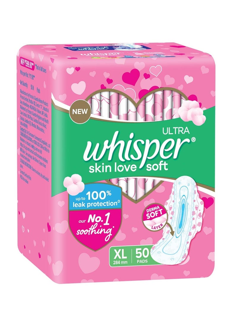 Whisper ultra skin love soft SANITARY PADS, 50 XL PADS, COTTONY SOFT, OUR #1 SOFTNESS, IRRITATION FREE, FOR INTIMATE SKIN, DISPOSABLE WRAPPER