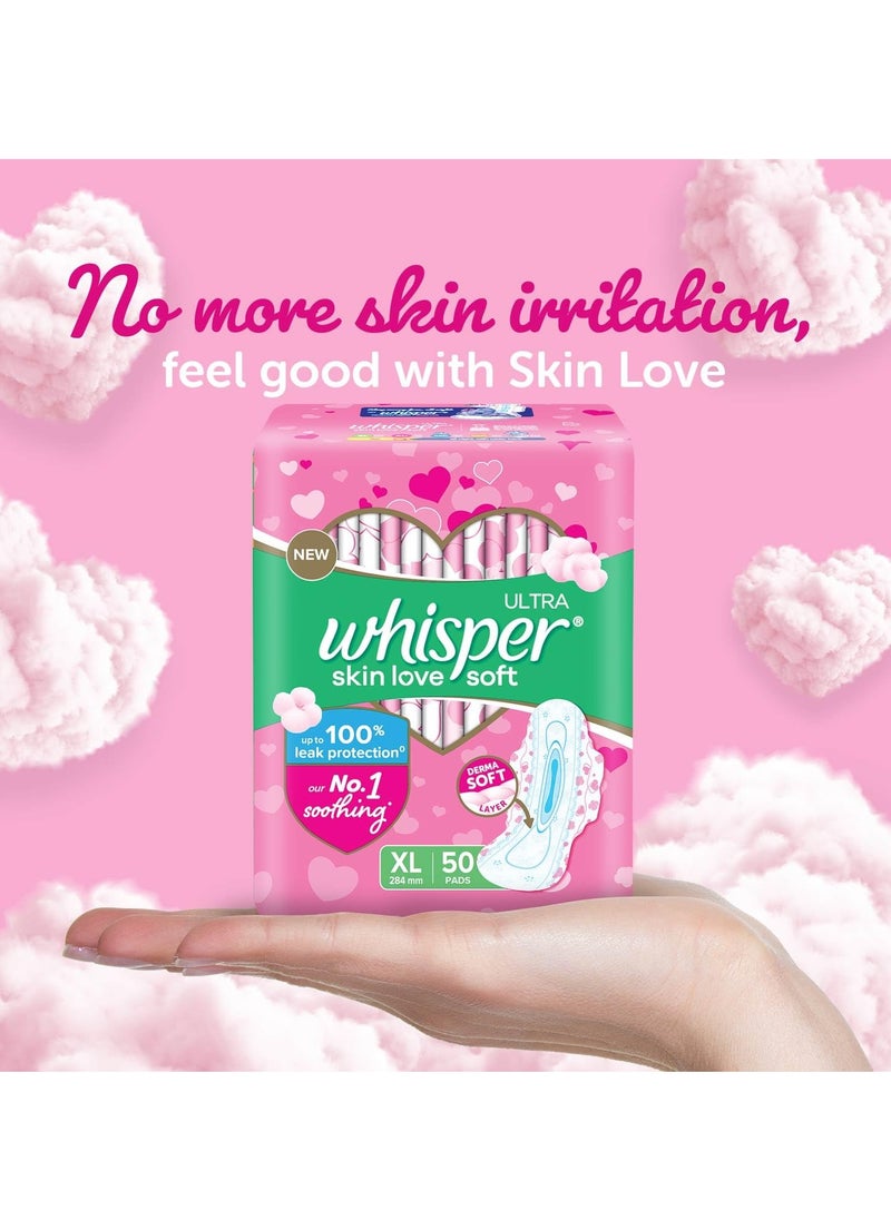 Whisper ultra skin love soft SANITARY PADS, 50 XL PADS, COTTONY SOFT, OUR #1 SOFTNESS, IRRITATION FREE, FOR INTIMATE SKIN, DISPOSABLE WRAPPER