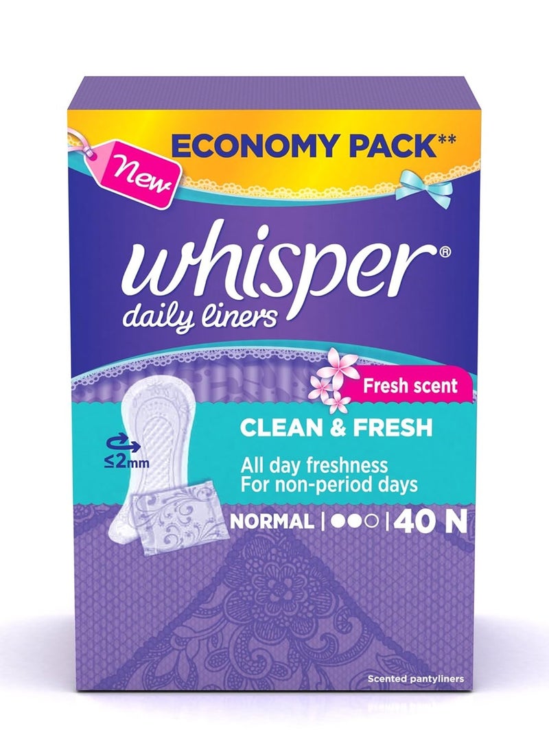 WHISPER DAILY LINER , 40 NORMAL PADS, FOR NON PERIOD DAYS, CLEAN & FRESH, FRESH SCENT, LOCKS ODOUR, DISPOSABLE LINERS