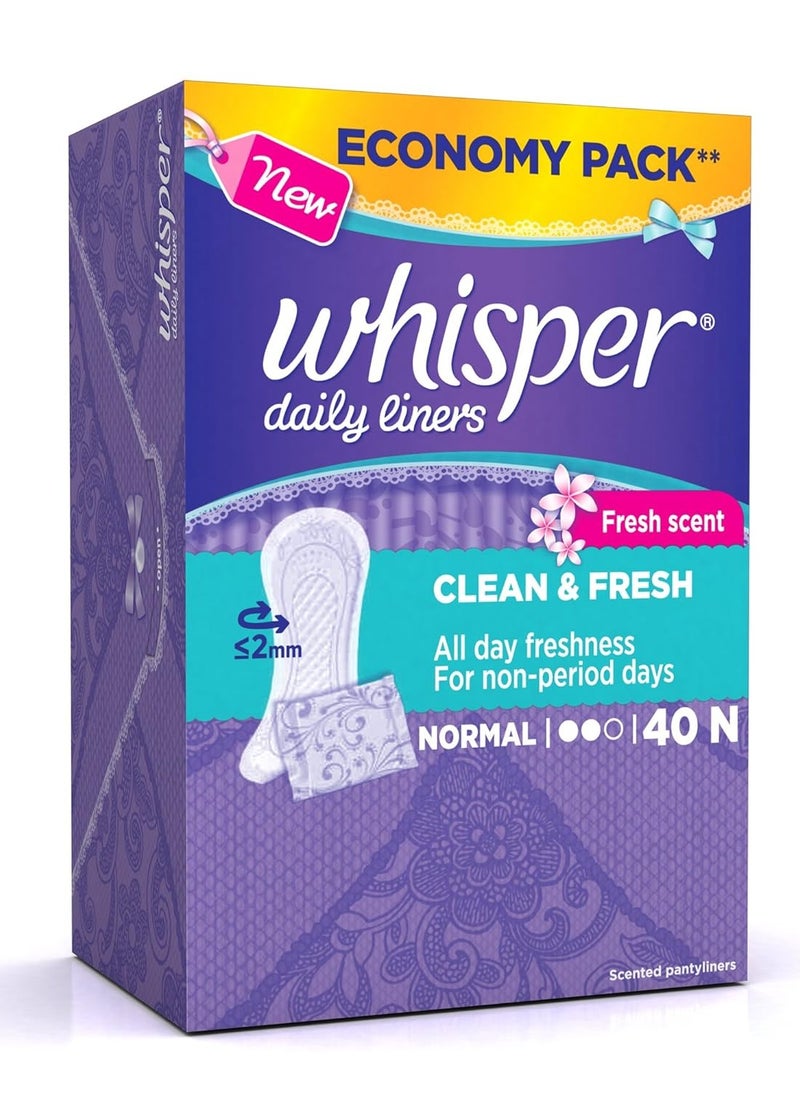 WHISPER DAILY LINER , 40 NORMAL PADS, FOR NON PERIOD DAYS, CLEAN & FRESH, FRESH SCENT, LOCKS ODOUR, DISPOSABLE LINERS