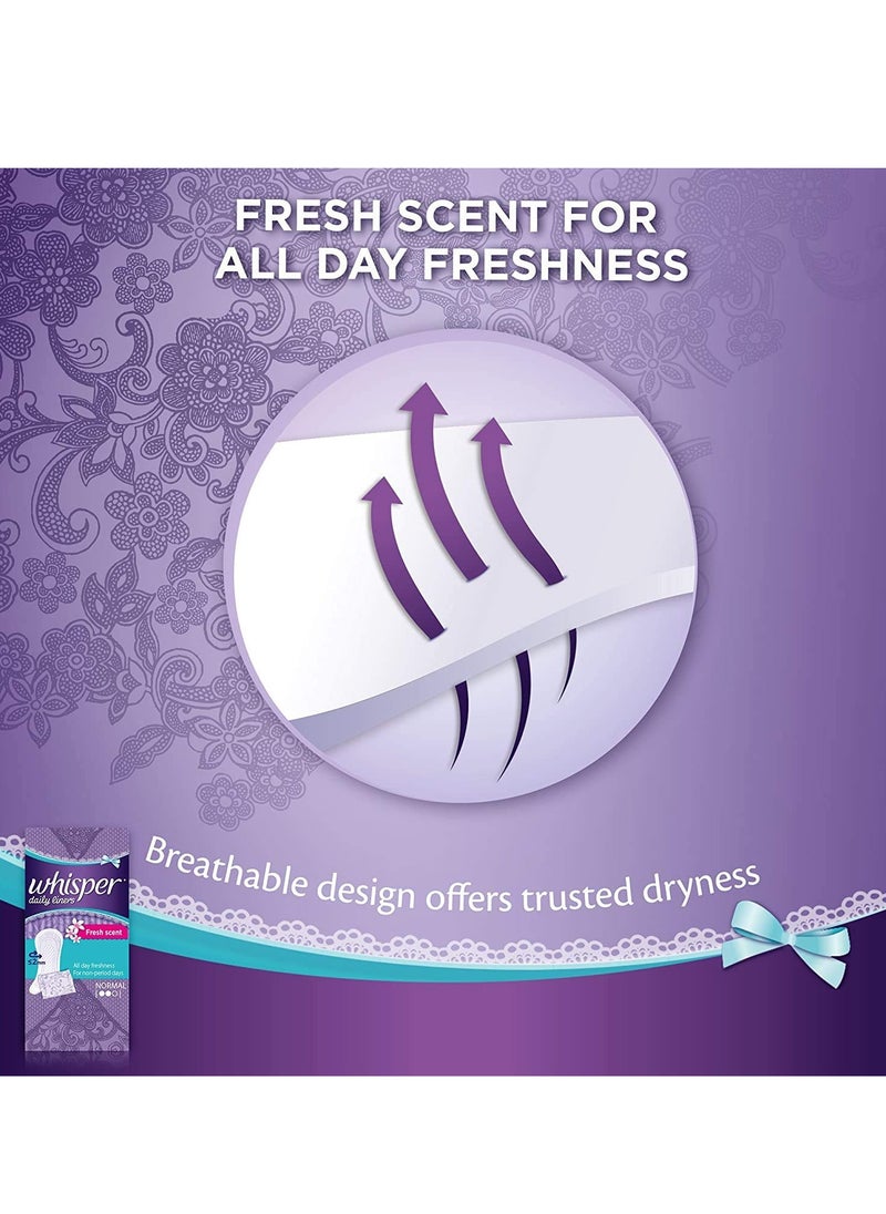 WHISPER DAILY LINER , 40 NORMAL PADS, FOR NON PERIOD DAYS, CLEAN & FRESH, FRESH SCENT, LOCKS ODOUR, DISPOSABLE LINERS