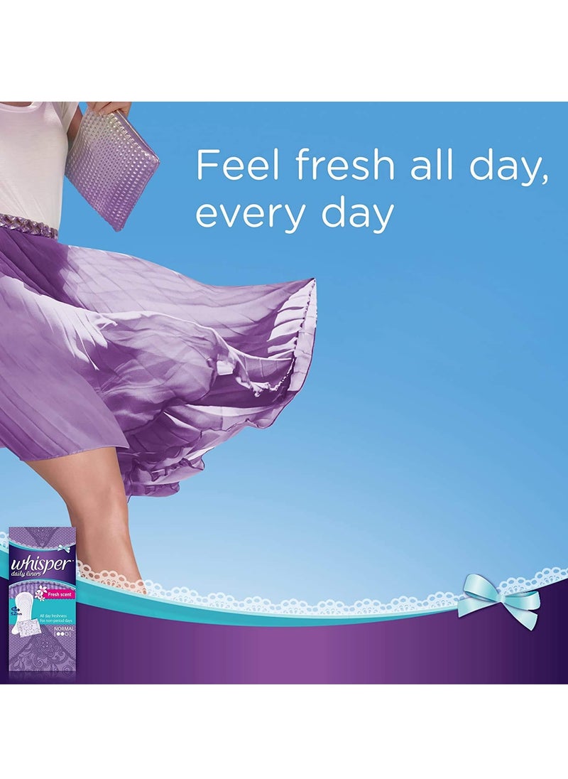 WHISPER DAILY LINER , 40 NORMAL PADS, FOR NON PERIOD DAYS, CLEAN & FRESH, FRESH SCENT, LOCKS ODOUR, DISPOSABLE LINERS