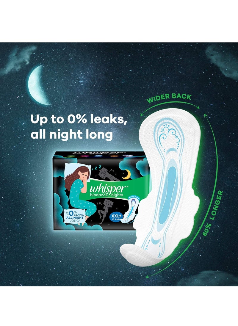 Whisper Bindazz Nights SANITARY PADS, 16 XXL+ PADS, UPTO 0% LEAKS ALL NIGHT LONG, FOR HEAVY FLOW, 60% LONGER & WIDER BACK, COMFORTABLE CUSHIONY SOFT WINGS, DISPOSABLE WRAPPER