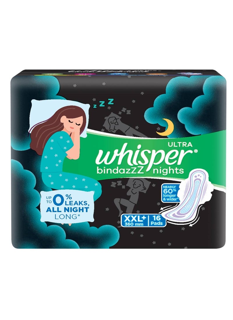 Whisper Bindazz Nights SANITARY PADS, 16 XXL+ PADS, UPTO 0% LEAKS ALL NIGHT LONG, FOR HEAVY FLOW, 60% LONGER & WIDER BACK, COMFORTABLE CUSHIONY SOFT WINGS, DISPOSABLE WRAPPER