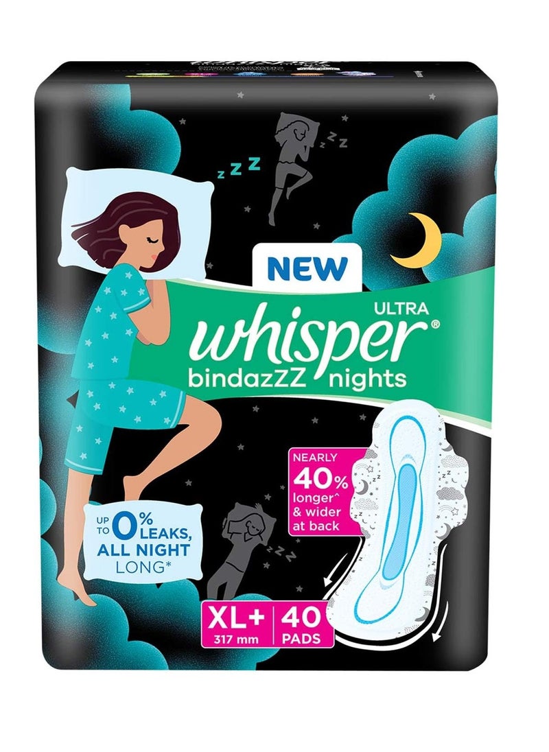 Whisper Bindazzz nights sanitary Pads, 40 Xl+ Pads, Upto 0% Leaks All Night Long, For Heavy Flow, 40% Longer & Wider Back, Comfortable Cushiony Soft Wings, Disposable Wrapper