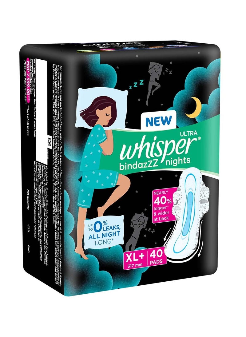 Whisper Bindazzz nights sanitary Pads, 40 Xl+ Pads, Upto 0% Leaks All Night Long, For Heavy Flow, 40% Longer & Wider Back, Comfortable Cushiony Soft Wings, Disposable Wrapper