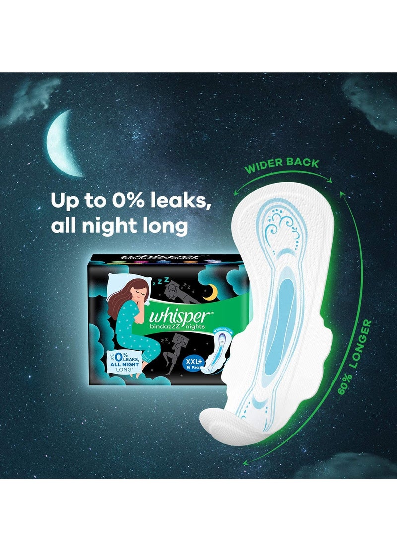 Whisper Bindazzz nights sanitary Pads, 40 Xl+ Pads, Upto 0% Leaks All Night Long, For Heavy Flow, 40% Longer & Wider Back, Comfortable Cushiony Soft Wings, Disposable Wrapper