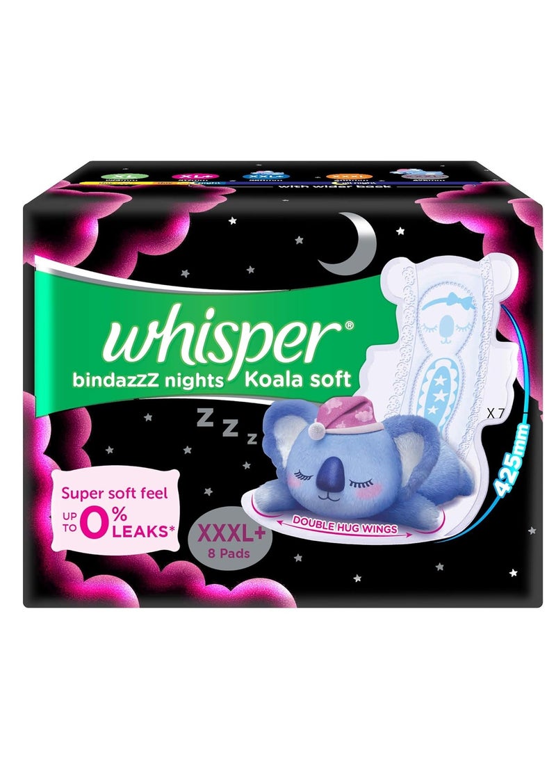 WHISPER BINDAZZZ NIGHTS KOALA SOFT SANITARY PADS, 8 XXXL+ PADS, UPTO 0% LEAKS, 85% LONGER & WIDER BACK, SUPER SOFT TOPSHEET, DOUBLE HUG WINGS, DISPOSABLE WRAPPER, for women