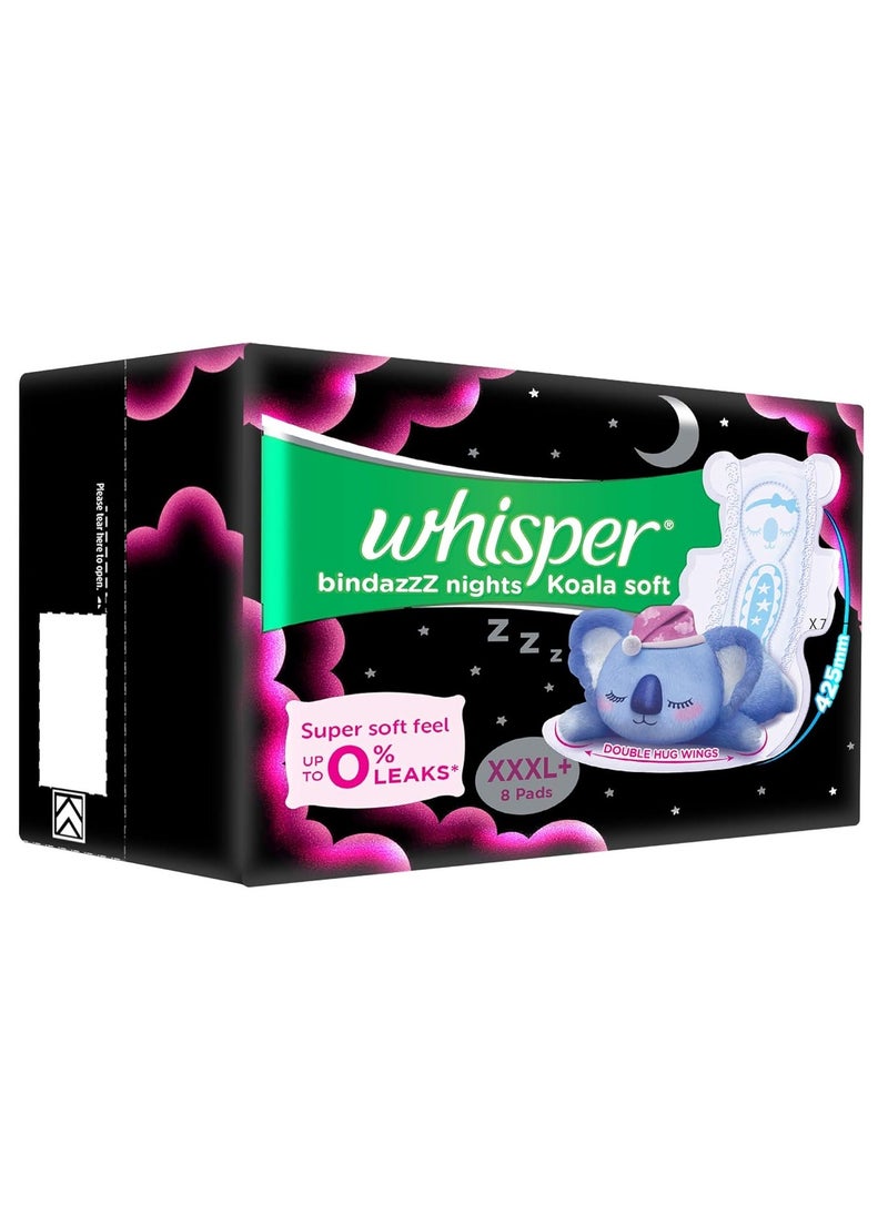 WHISPER BINDAZZZ NIGHTS KOALA SOFT SANITARY PADS, 8 XXXL+ PADS, UPTO 0% LEAKS, 85% LONGER & WIDER BACK, SUPER SOFT TOPSHEET, DOUBLE HUG WINGS, DISPOSABLE WRAPPER, for women