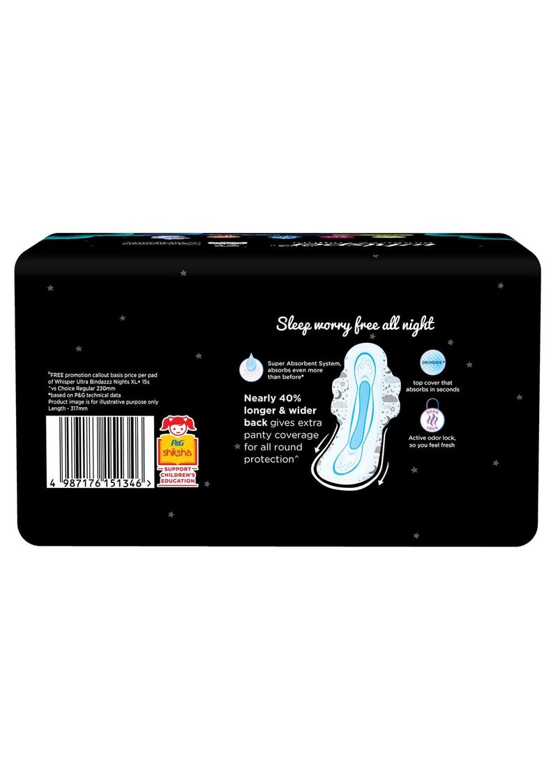 Whisper Bindazz Nights sanitary PADS, 30 XL+ PADS, UPTO 0% LEAKS ALL NIGHT LONG, FOR HEAVY FLOW, 40% LONGER & WIDER BACK, COMFORTABLE CUSHIONY SOFT WINGS, DISPOSABLE WRAPPER