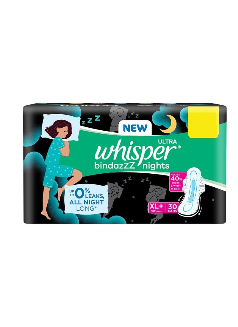 Whisper Bindazz Nights sanitary PADS, 30 XL+ PADS, UPTO 0% LEAKS ALL NIGHT LONG, FOR HEAVY FLOW, 40% LONGER & WIDER BACK, COMFORTABLE CUSHIONY SOFT WINGS, DISPOSABLE WRAPPER