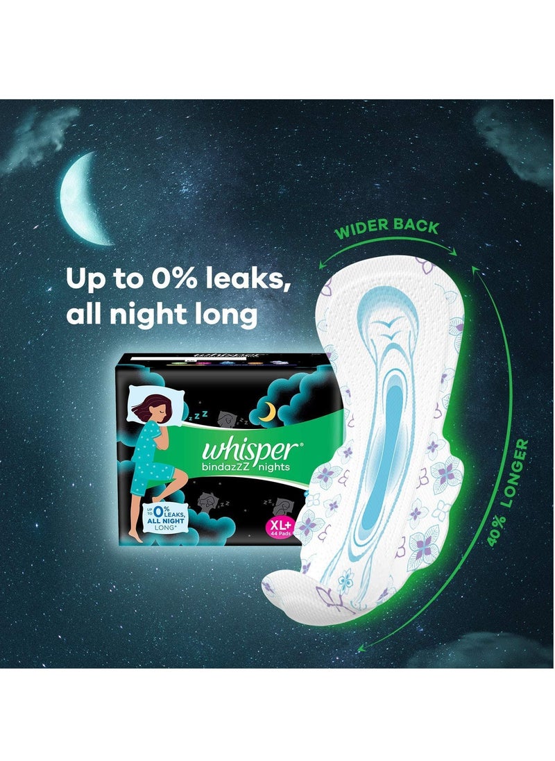 Whisper Bindazz Nights sanitary PADS, 30 XL+ PADS, UPTO 0% LEAKS ALL NIGHT LONG, FOR HEAVY FLOW, 40% LONGER & WIDER BACK, COMFORTABLE CUSHIONY SOFT WINGS, DISPOSABLE WRAPPER