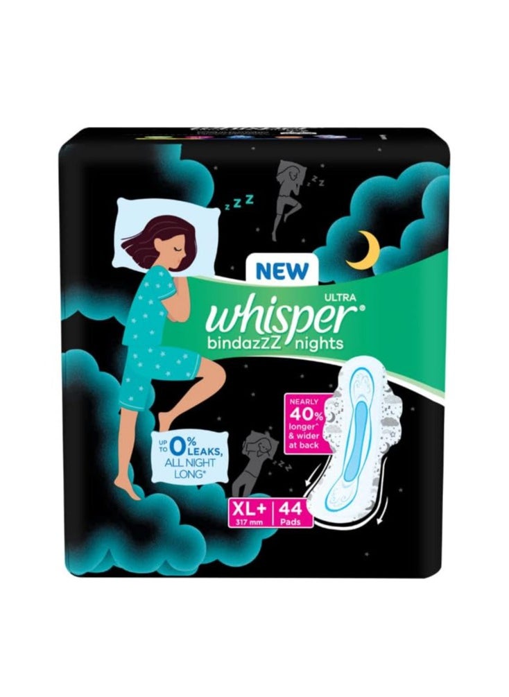 WHISPER Bindazz Nights Sanitary Pads , 44 XL+ PADS, UPTO 0% LEAKS ALL NIGHT LONG, FOR HEAVY FLOW, 40% LONGER & WIDER BACK, COMFORTABLE CUSHIONY SOFT WINGS, DISPOSABLE WRAPPER