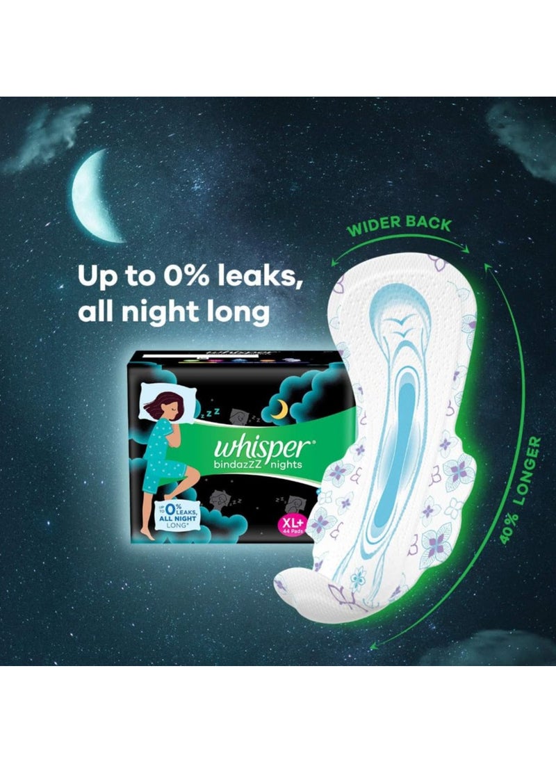 WHISPER Bindazz Nights Sanitary Pads , 44 XL+ PADS, UPTO 0% LEAKS ALL NIGHT LONG, FOR HEAVY FLOW, 40% LONGER & WIDER BACK, COMFORTABLE CUSHIONY SOFT WINGS, DISPOSABLE WRAPPER