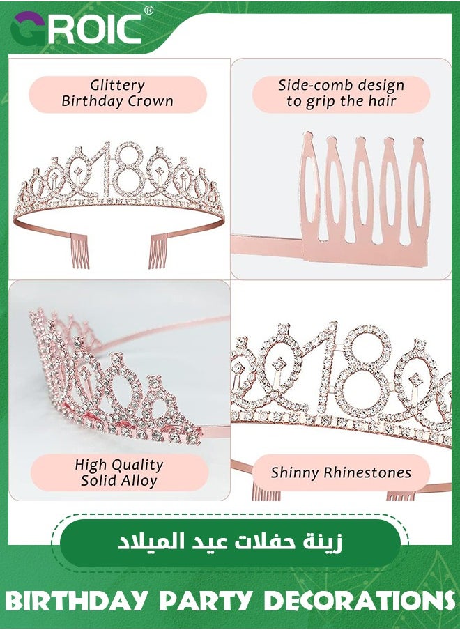 18th Birthday Decoration Set, Including 18th Birthday Sash and Tiara, 18 Birthday Cake Topper and Number 18 Candles, Rose Gold Number Balloons 18, Pearl Pin, Birthday Party Supplies for Girls Women