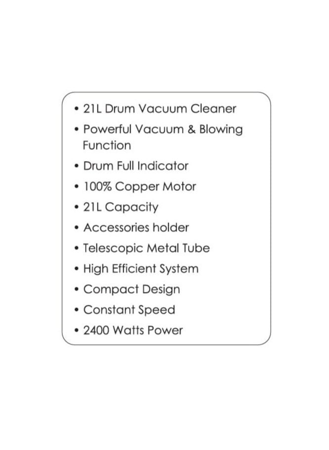 Drum Vacuum Cleaner with Powerful Suction 21L with High-Efficiency Motor, Multi-Surface Cleaning, Lightweight & Portable Design for Home, Office, and Garage