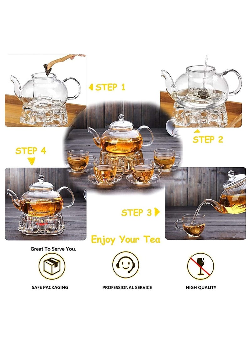 Glass Tea Set- Borosilicate Glass Teapot With Heart Shape Tea Warmer and 100 ml 4 Tea Cups with Saucer for Blooming Tea, Flower Tea, Loose Leaf Tea