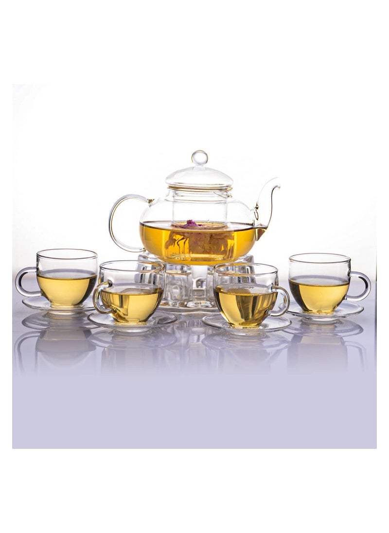 Glass Tea Set- Borosilicate Glass Teapot With Heart Shape Tea Warmer and 100 ml 4 Tea Cups with Saucer for Blooming Tea, Flower Tea, Loose Leaf Tea