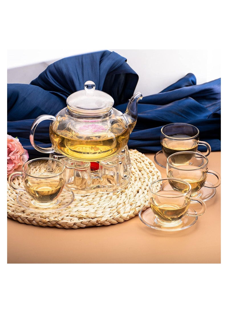 Glass Tea Set- Borosilicate Glass Teapot With Heart Shape Tea Warmer and 100 ml 4 Tea Cups with Saucer for Blooming Tea, Flower Tea, Loose Leaf Tea