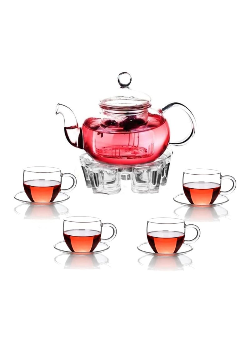 Glass Tea Set- Borosilicate Glass Teapot With Heart Shape Tea Warmer and 100 ml 4 Tea Cups with Saucer for Blooming Tea, Flower Tea, Loose Leaf Tea