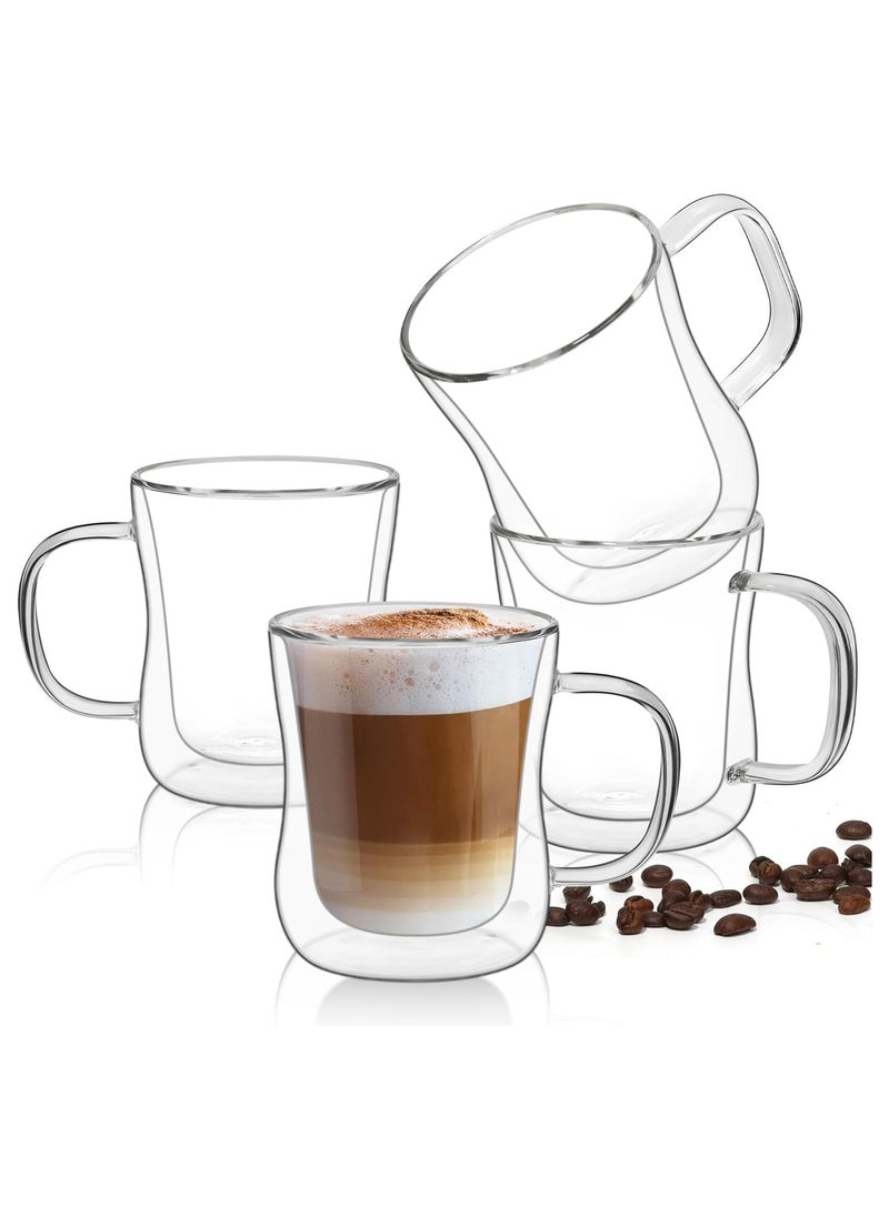 250ml Double Walled Glass Coffee Mugs, Pack of 4 Thermal Insulated Borosilicate Glass Cups with Handle for Tea, Coffee, Latte, Cappuccino, Hot and Cold Drinks Beverages