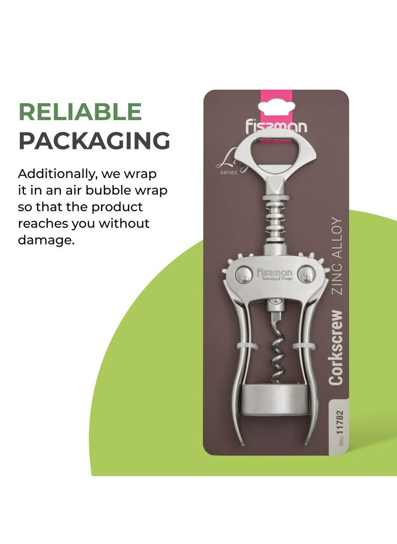 Fissman Wine Opener Corkscrew 18.5cm, Zinc Alloy Multipurpose CorkScrew Lily Series, Anti-Rust Wing Corkscrew for Wine and Bottle Opener, Anti-Slip Grip Corkscrew