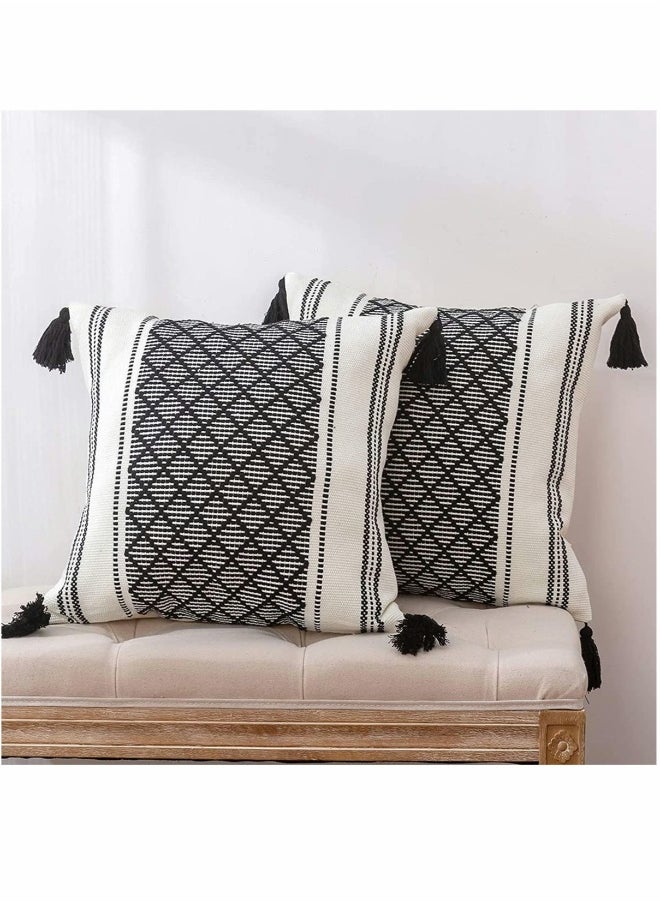 Set of 2 Boho Neutral Decorative Throw Pillow Covers 18x18 Inch  Cotton Woven Diamond Jacquard Pattern Pillow Cases for Couch Sofa Bedroom Car Modern Accent Square Pillowcase Black