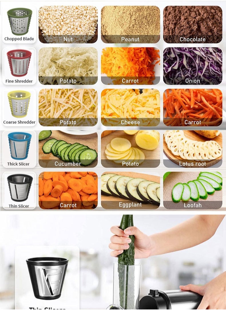 Electric Vegetable Cutter, Electric Cheese Grater, Electric Shredder Vegetable Cutter with 5 Stainless Steel Rotary Blades, One-Touch Control, for Vegetable, Cheeses, Carrot, Broccoli