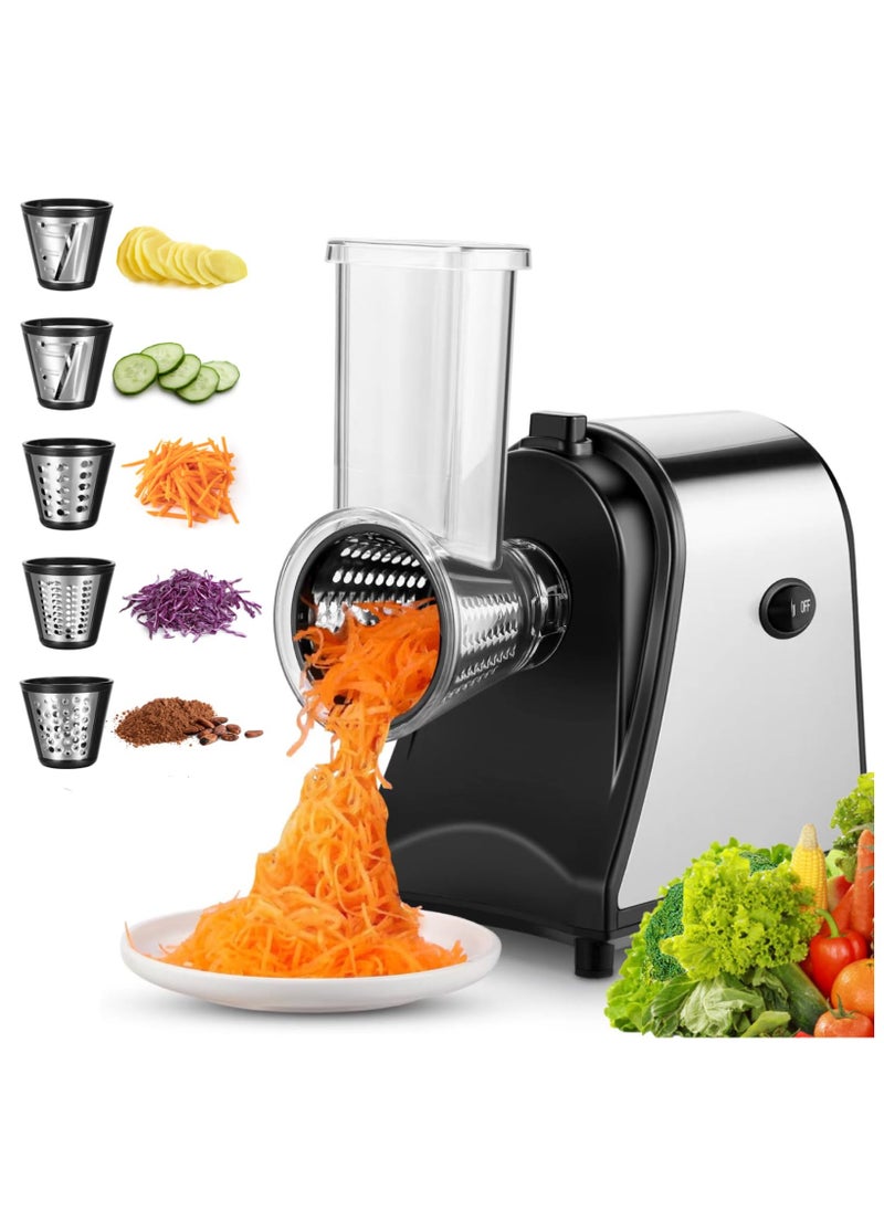 Electric Cheese Grater 250W Professional Electric Slicer Shredder, Electric Vegetable Cutter Salad Maker with 5 Free Attachments, Electric Grater for Cheeses, Fruits, Vegetables