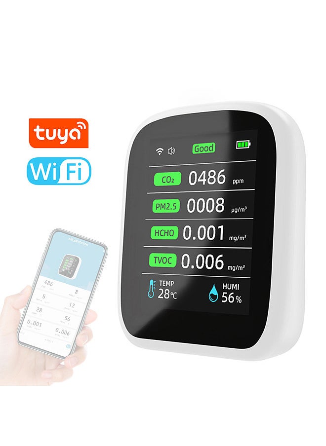 Tuya Wifi Portable Air Quality Meter 8in1 PM1.0 PM2.5 PM10 CO2 TVOC HCHO Temperature and Humidity Tester LCD Color Screen Carbon Dioxide Detector with Time and Date Display Function