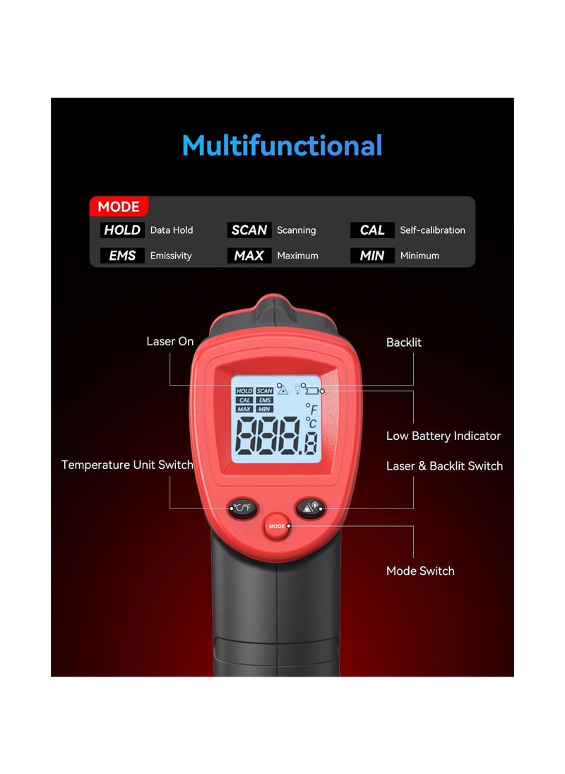 Infrared Thermometer Gun, Digital Laser Surface Thermometer, Heat Temperature Gun for Kitchen Cooking Food Meat, Pizza Oven, Griddle Accessories, HVAC, Grill, Pool, Engine, -50℃ to 530℃