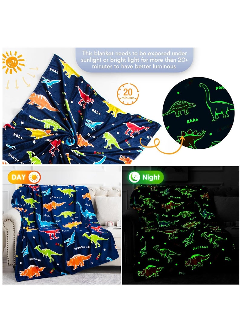 Kids Glow in The Dark Blanket Soft Throw All Seasons for Couch Sofa Bed /Dinosaur Gifts Toys for Kids Boys - Glow in The Dark Blanket Dino Throw Age 1-13 Years Old 150 x 120cm