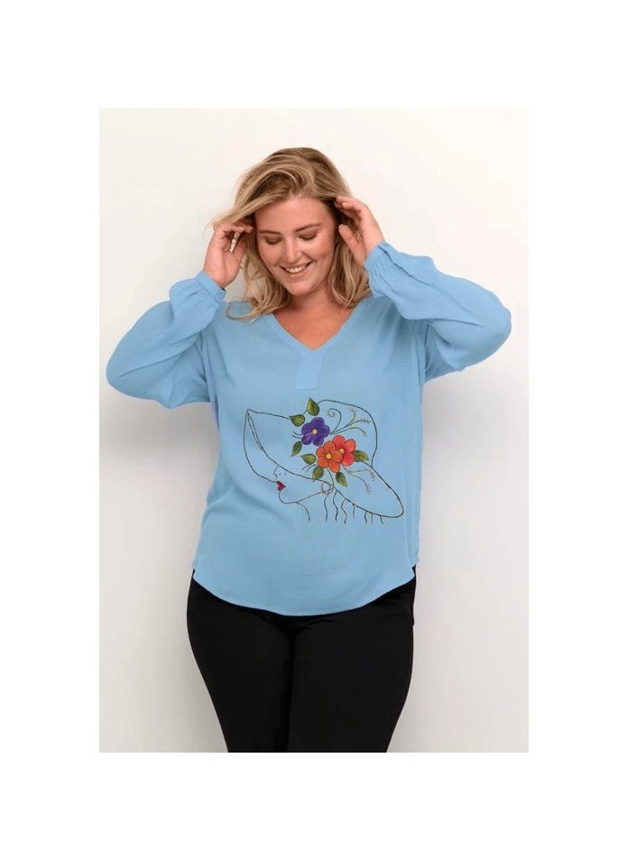 Handpainted Women's Plus Size XXXL V-Neck Blouse, Blue with Artistic Floral Hat Design, Lightweight Long Sleeve Shirt, Casual and Elegant Size 50