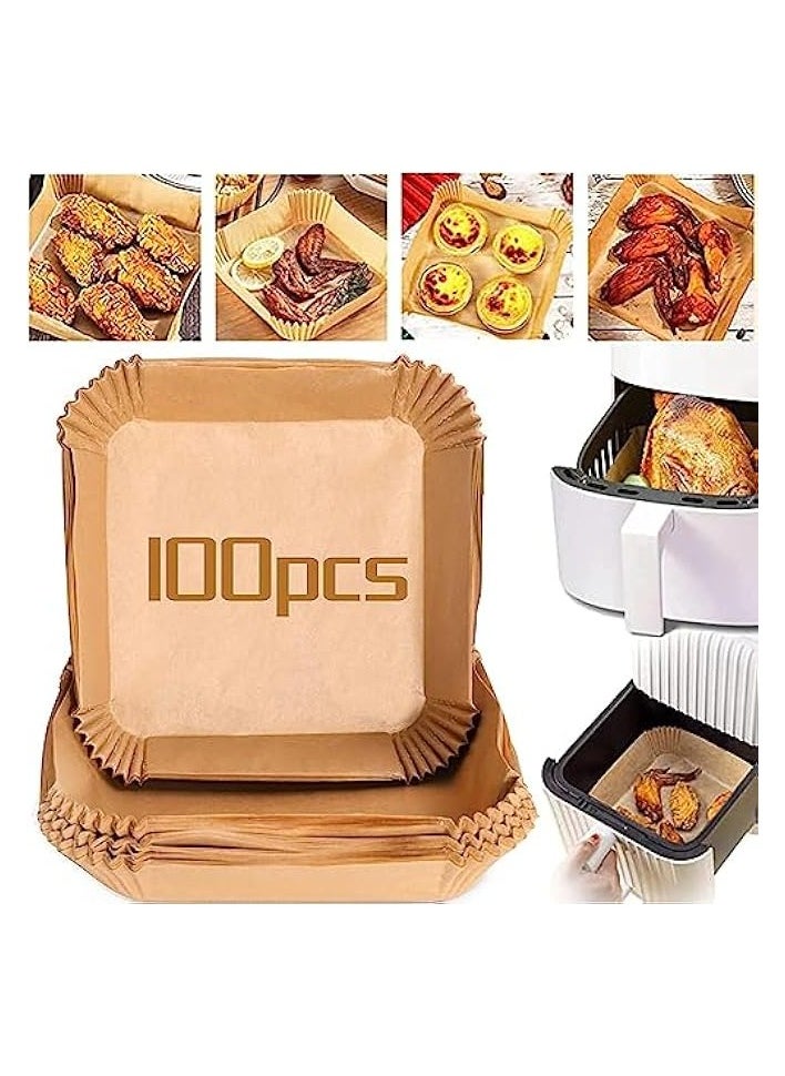 Extra Thick 100Pcs Square Air Fryer Paper Liner, Disposable Non-Stick Oil-proof Waterproof Non-Stick, (20cm/7.9inch, Square), Perfect for Microwave and Maintain your Air Fryer Clean