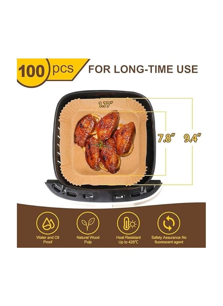 Extra Thick 100Pcs Square Air Fryer Paper Liner, Disposable Non-Stick Oil-proof Waterproof Non-Stick, (20cm/7.9inch, Square), Perfect for Microwave and Maintain your Air Fryer Clean