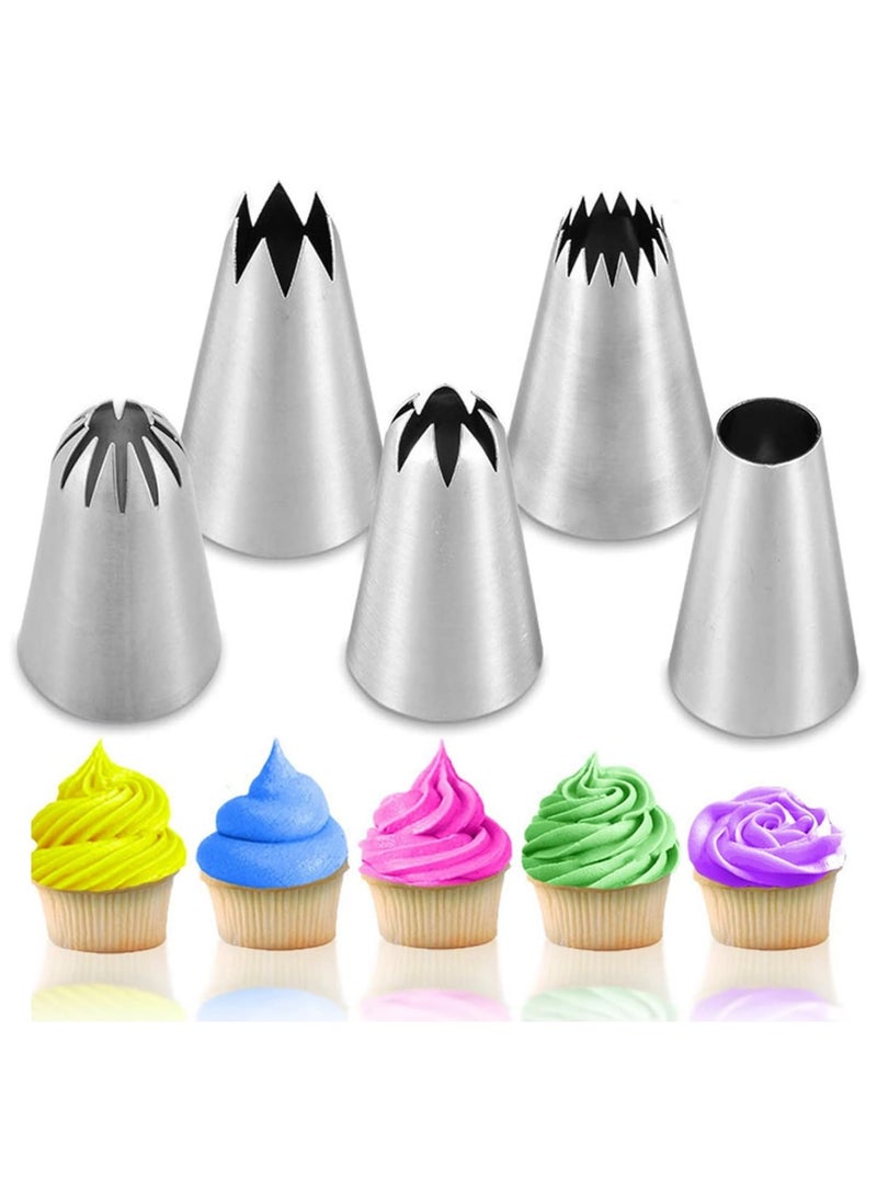 5 Pcs/Set Large Piping Tips Set,Stainless Steel Frosting Piping Kit,Pastry Cake Decorating Tips Baking Tools For Cookies Cupcake Decorating Kit (1A 1E 348 347 356)