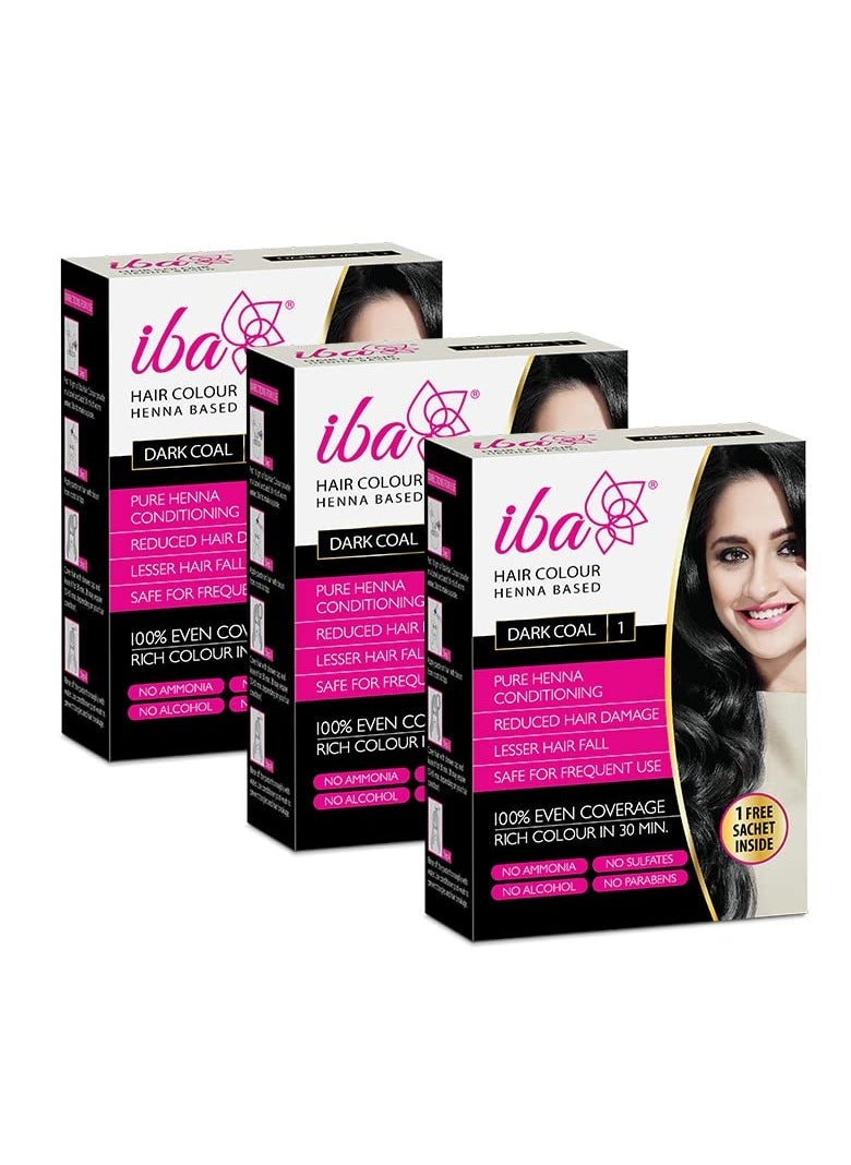 Iba Hair Colour for Women - Dark Coal, 70g (Pack of 3) | 100% Pure Henna Based Powder Sachet | Natural Hair Colour & Long Lasting with Conditioning Formula | Reduced Hair Fall & Hair Damage | Shine & Nourish Hair | Free from Ammonia and Other Harmful Chemicals | Herbal Hair Powder for Hair Colour | Black Henna