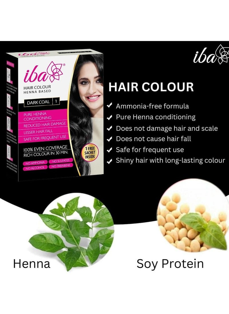 Iba Hair Colour for Women - Dark Coal, 70g (Pack of 3) | 100% Pure Henna Based Powder Sachet | Natural Hair Colour & Long Lasting with Conditioning Formula | Reduced Hair Fall & Hair Damage | Shine & Nourish Hair | Free from Ammonia and Other Harmful Chemicals | Herbal Hair Powder for Hair Colour | Black Henna