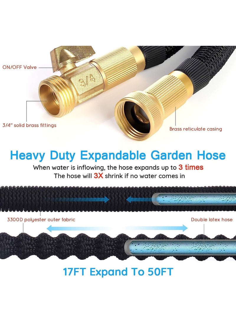 Garden Hose 50 FT, Expandable Garden Hose with 9 Spray Pattern Nozzle, 1/2'' & 3/4'' Solid Brass Connectors, Lightweight Durable 3800D Expandable Hose Pipe with 3 Layer Latex, Easy Storage