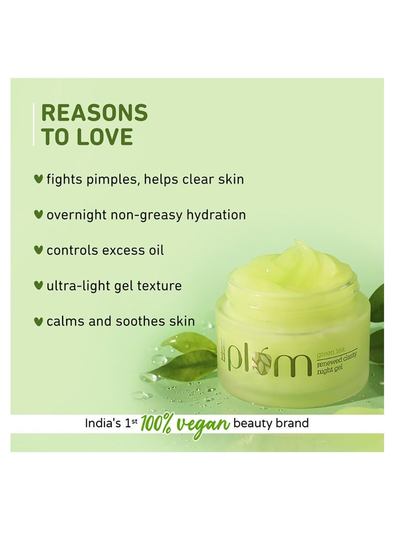 Plum Green Tea Renewed Clarity Night Gel Moisturizer  With Glycolic Acid and Willow Bark Fights Acne Non Greasy Overnight Hydration  Anti Aging Oil Free Gel Moisturizer  100% Vegan  50 g