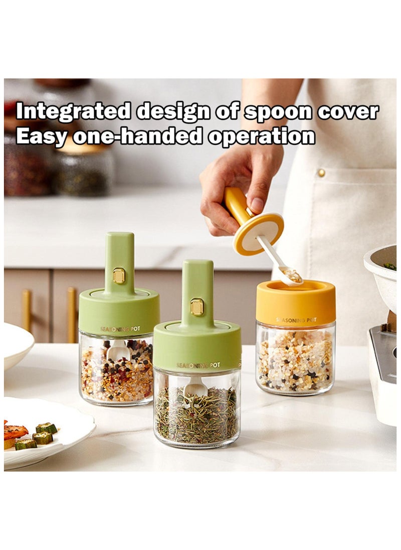 Glass Spice Jars with Spoon Cover, Set of 3pcs, Retractable Spoon, 275ml Seasoning Jars With Air-Tight Lid, Spice Organizer Bottles, Kitchen Organizer Condiment Pots.