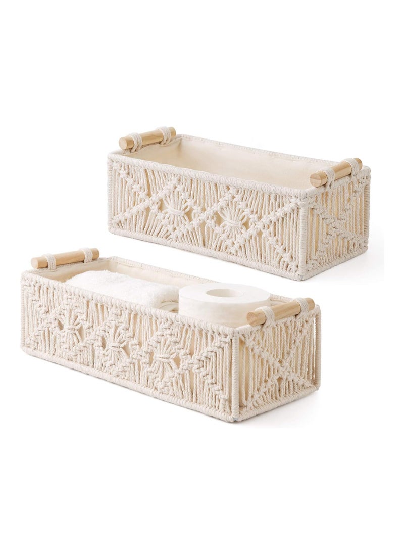 Macrame Storage Baskets Boho Decor Box Handmade Woven Decorative Countertop Toilet Tank Shelf Cabinet Organizer for Bedroom Livingroom Home, Set of 2, Ivory