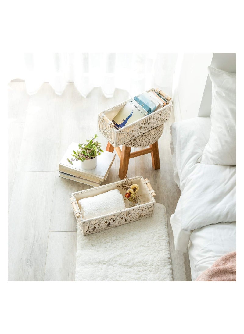 Macrame Storage Baskets Boho Decor Box Handmade Woven Decorative Countertop Toilet Tank Shelf Cabinet Organizer for Bedroom Livingroom Home, Set of 2, Ivory