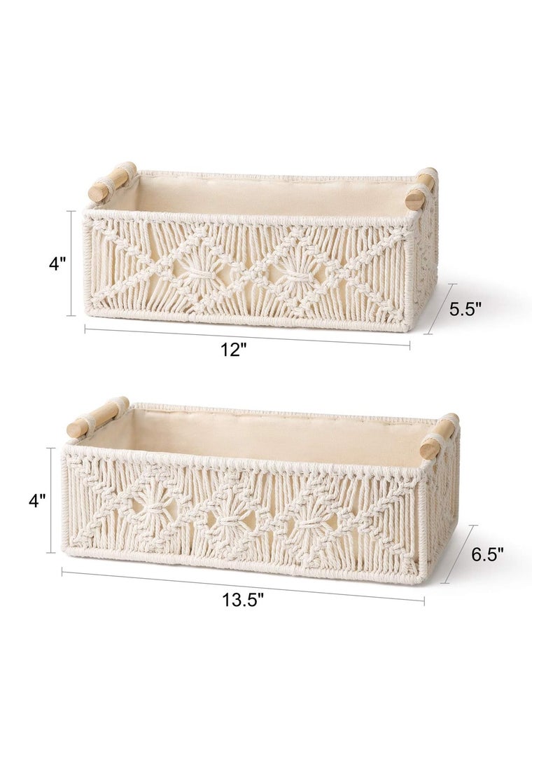 Macrame Storage Baskets Boho Decor Box Handmade Woven Decorative Countertop Toilet Tank Shelf Cabinet Organizer for Bedroom Livingroom Home, Set of 2, Ivory