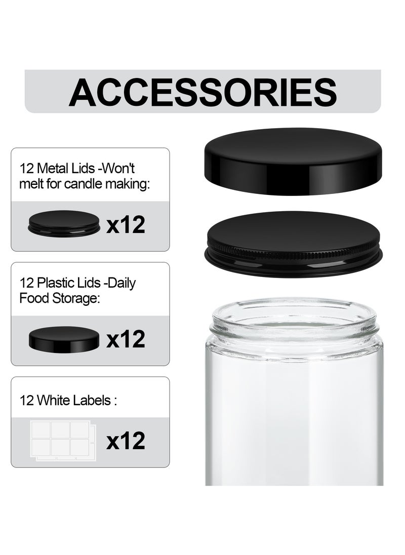 12Pack 8oz Glass Jars with Plastic & Metal Lids – Clear Round Empty Jars for Candles, Food Storage, Honey, Candy, DIY Crafts, Airtight Mason Jars for Canning & Kitchen Use