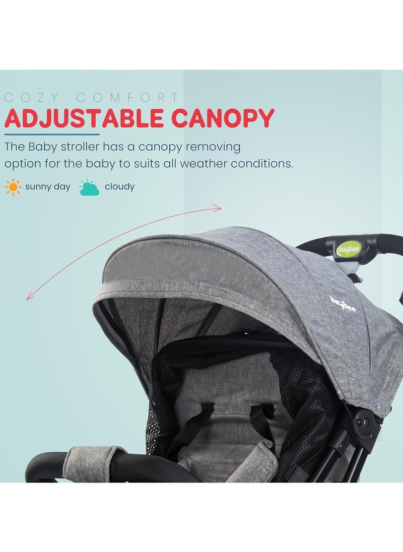 Foldable Cabin Baby Stroller Pram for Baby with Metal Frame, 3-Position Adjustable Seat & Canopy, Bassinet, Parent Handle, 5 Point Safety Belt, Stroller for Kids Toddler 0 to 3 Years Boy Girl Grey