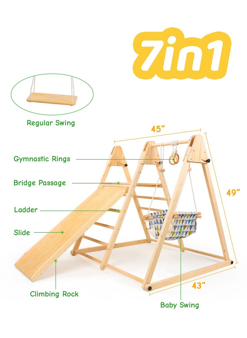 Indoor Playground, Toddler Playset, Folding Climbing Toy 7 in 1 with Climbing Frame, Colorful Swing, Triangle Climbing Ramp, Gym Rings